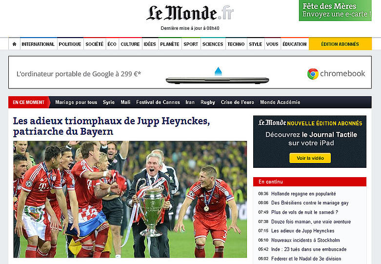 Le Monde aus Frankreich fokussiert den triumphalen Abgang von Jupp Heynckes.