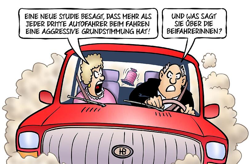 Aggressive Grundstimmung im Auto &ndash; an wem das wohl liegt? Das fragt sich AZ-Karikaturist Harm Bengen.