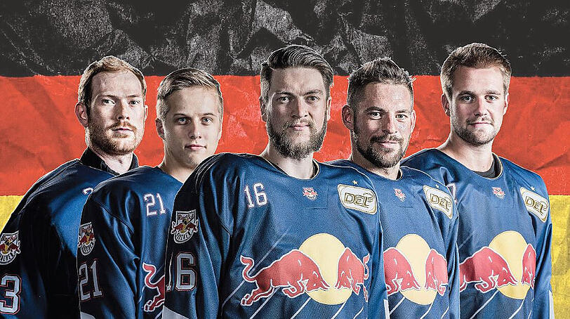 Ein EHC-Quintett für Deutschland: aus den Birken, Kahun, Abeltshauser, Seidenberg und Macek (v.l.) sind bei der WM dabei.