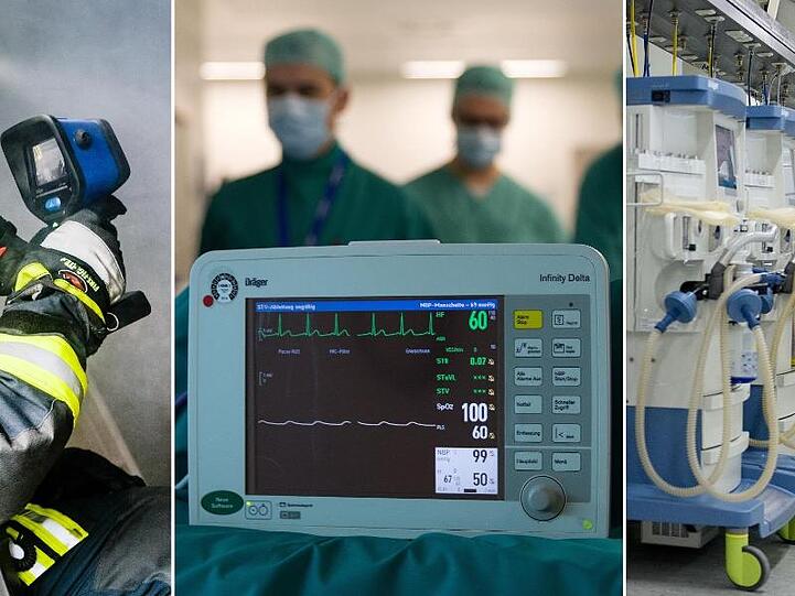 Verschiedene Produkte aus dem Angebot des Medizin- und Sicherheitstechnikkonzerns Dräger AG im Einsatz oder in der Produktion.