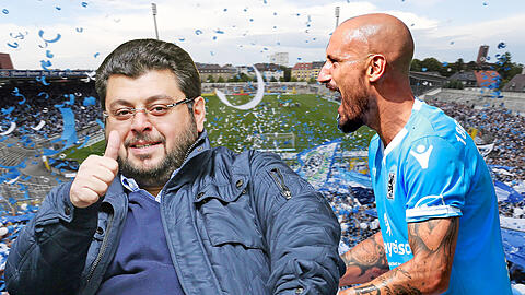 Die Rückkehr des Alpha-Löwen! Timo Gebhart (r.) unterschreibt beim TSV 1860 einen neuen Vertrag. Möglich gemacht hat es auch der umstrittene Investor Hasan Ismaik.