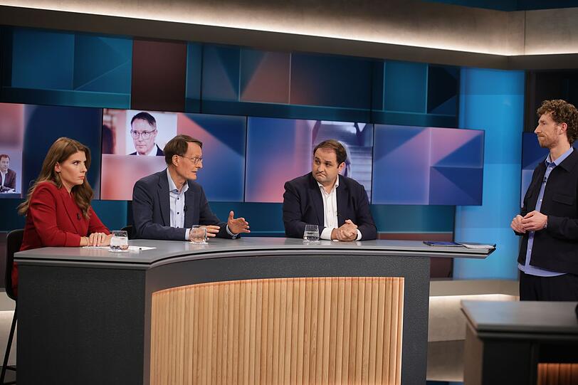 Am Montagabend zu Gast bei Louis Klamroth (rechts): Sarna R&ouml;ser, Karl Lauterbach (Mitte) und Nathanael Liminski.