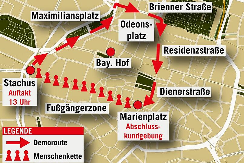 Die Demorouten vom Samstag rund um den Promenadeplatz.