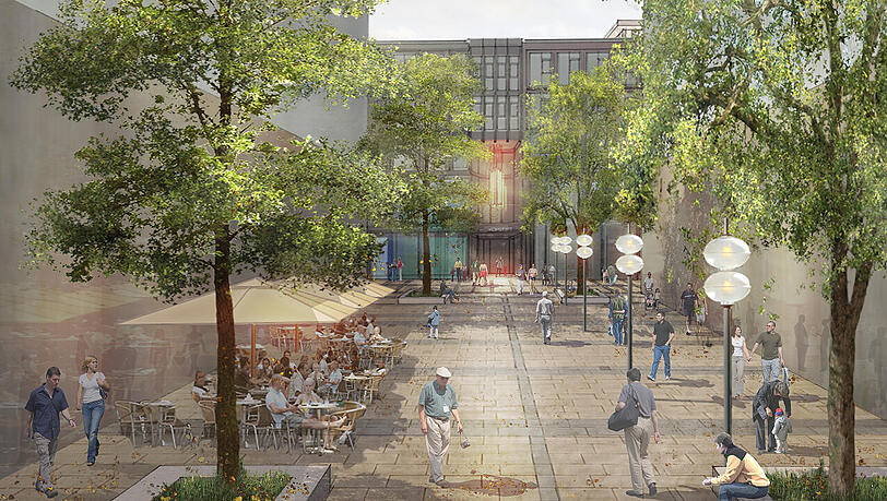 Eine erste Idee für den neuen Sattlerplatz: Die Visualisierung zeigt eine direkte, gerade Achse von der Kaufingertor-Passage zu den Läden der Hofstatt.