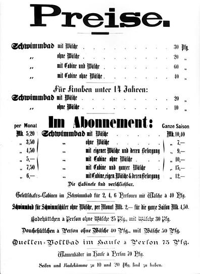 Erhalten hat sich die Preisliste, ob mit oder ohne Wäsche, Cabine, Badehüttchen oder Knaben unter 14 - Mädchen waren damals noch nicht vorgesehen.