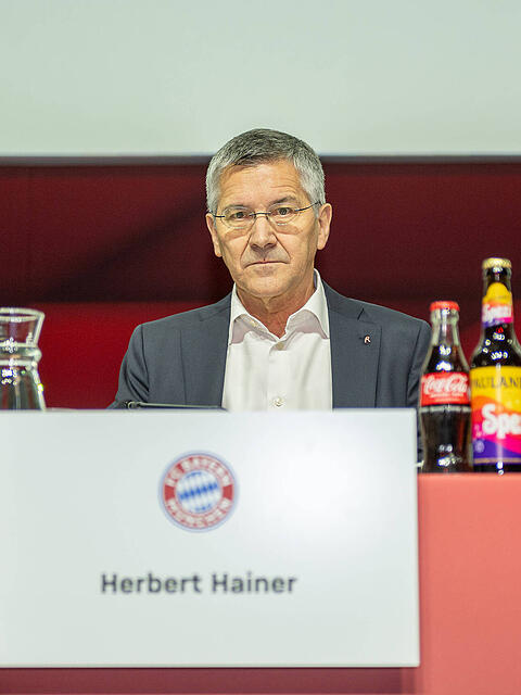 Der Präsident des FC Bayern auf dem Podium auf der Jahreshauptversammlung: Herbert Hainer.