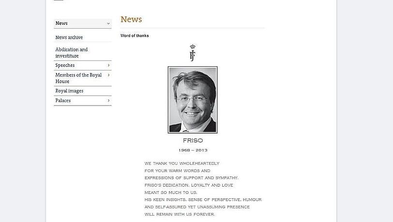 Niederländische Königsfamilie dankt für die Anteilnahme nach Prinz Frisos Tod Niederländische Königsfamilie dankt für die Anteilnahme nach Prinz Frisos Tod