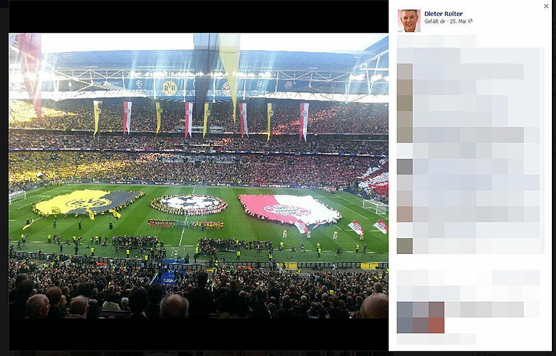 Top-Plätze beim Champions-League-Finale in Wembley: Dieter Reiter postet Fotos von seiner Sicht auf das Spielfeld bei Facebook.