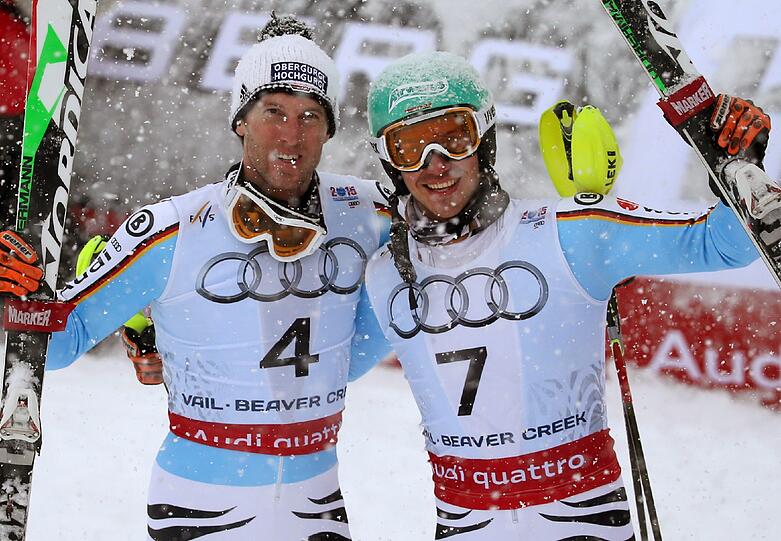 Fritz Dopfer und Felix Neureuther feiern ihre Silber- und Bronzemedaille bei der Ski-WM in den USA