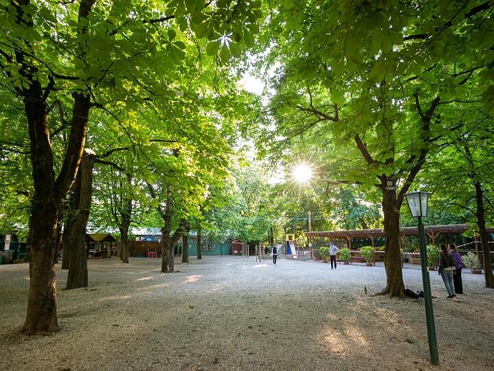 Die Sonne scheint durch die Kastanien eines leeren Biergarten. Foto: Peter Kneffel/dpa/Archivbild