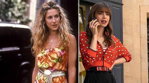 Sarah Jessica Parker (li.) in "Sex and the City" und Lily Collins in "Emily in Paris".