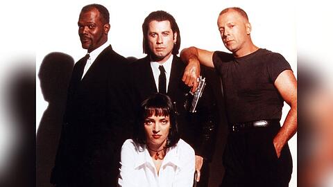 Die vier Hauptdarsteller von "Pulp Fiction": Samuel L. Jackson (l.), John Tarvolta (Mitte), Bruce Willis und Uma Thurman.