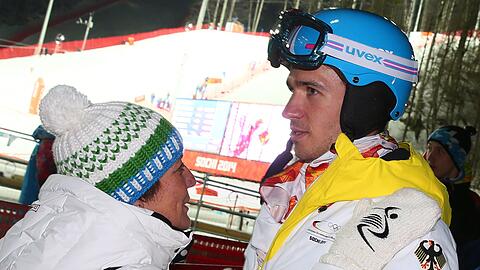 Felix Neureuther und seine Mutter Rosi Mittermaier bei den Olympischen Spielen Sotschi 2014.