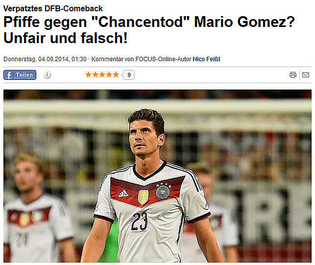 "Pfiffe gegen "Chancentod Mario Gomez? Unfair und falsch!", focus.de