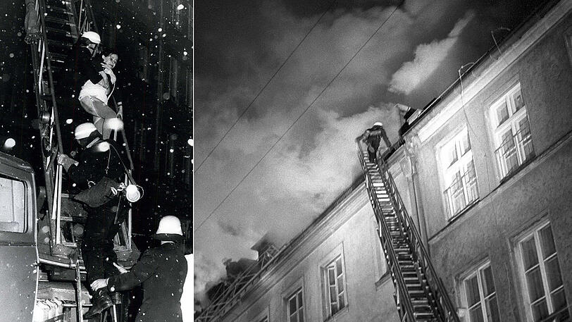 Eine Bewohnerin wird am 13. Februar 1970 von Feuerwehrmännern aus dem brennenden Altenheim gerettet.