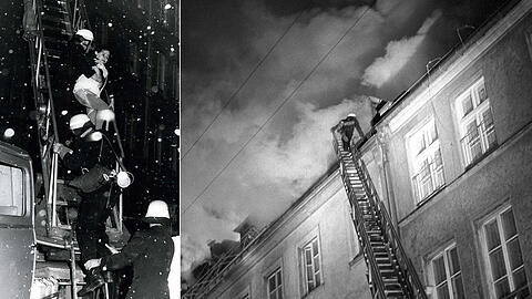 Eine Bewohnerin wird am 13. Februar 1970 von Feuerwehrmännern aus dem brennenden Altenheim gerettet.