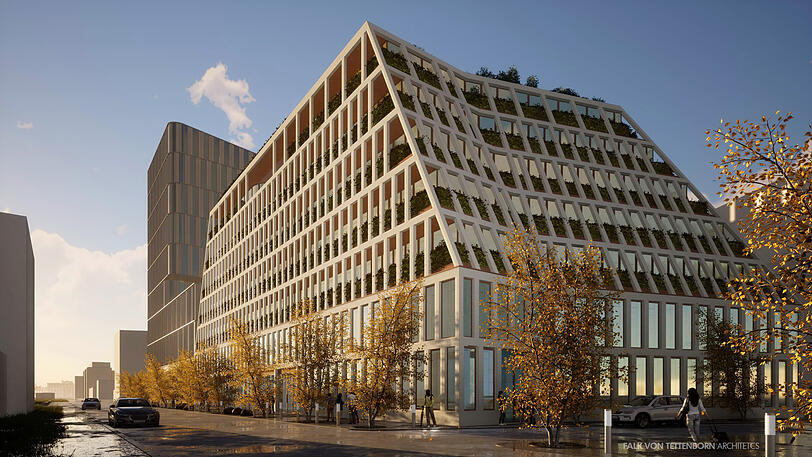 Das direkte Nachbargebäude an der Friedenstraße 2 baut die Stadtsparkasse. Variante 2: weicher und mit dreimal soviel Grün.