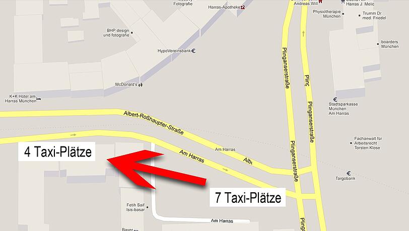 Der Taxi-Standplatz am Harras zieht um - 100 Meter in Richtung Westen. Der Taxi-Standplatz am Harras zieht um - 100 Meter in Richtung Westen.