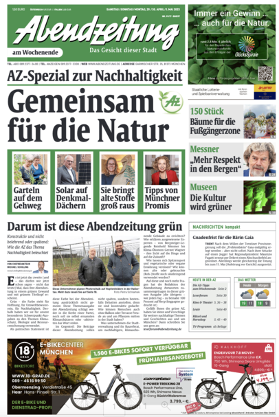 Die Titelseite der zweiten "Nachhaltigen Ausgabe" der Abendzeitung vom 29.04.2023. Die Titelseite der zweiten "Nachhaltigen Ausgabe" der Abendzeitung vom 29.04.2023.