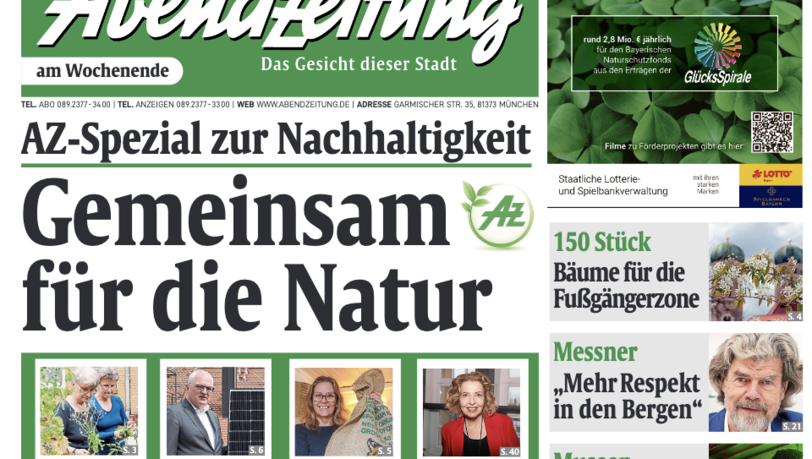 Die Titelseite der zweiten "Nachhaltigen Ausgabe" der Abendzeitung vom 29.04.2023. Die Titelseite der zweiten "Nachhaltigen Ausgabe" der Abendzeitung vom 29.04.2023.