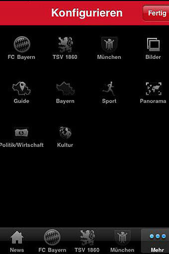 Klicken Sie dazu in der Rubrik "Mehr" auf den Button "Bearbeiten". Sie finden diesen im roten, oberen Bildschirmrand ganz rechts. Tippen Sie unter "Konfigurieren" auf eine gewünschte Rubrik, also zum Beispiel FC Bayern oder TSV 1860 München" und ziehen Sie das Symbol in die Tab-Leiste. Anschließend auf "Fertig" klicken.