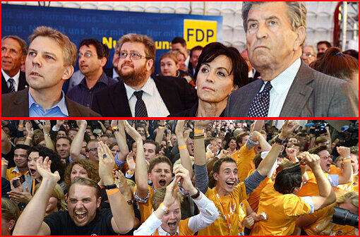 Jubel bei der CDU, lange Gesichter bei der FDP nach Bekanntgabe der ersten Hochrechungen.