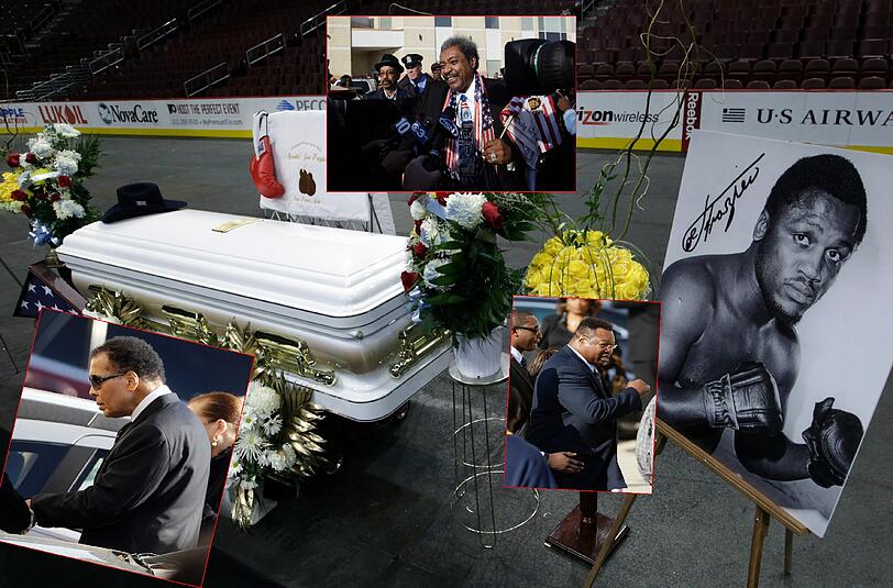 Am Montag wurde der ehemalige Box-Weltmeister Joe Frazier beigesetzt. Unter den Trauergästen: sein langjähriger Rivale Muhammad Ali. Bereits am Samstag fand in Philadelphia eine öffentliche Trauerfeier zu Ehren Fraziers statt. Sehen Sie hier die Bilder der Beerdigung und Trauerfeier.