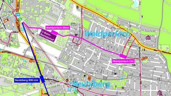 So soll, nach ÖDP-Wunsch, die U5 bis nach Waldperlach verlängert werden (Linie in magenta).