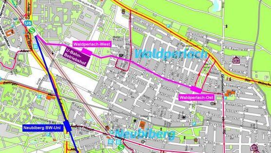 So soll, nach ÖDP-Wunsch, die U5 bis nach Waldperlach verlängert werden (Linie in magenta). So soll, nach ÖDP-Wunsch, die U5 bis nach Waldperlach verlängert werden (Linie in magenta).
