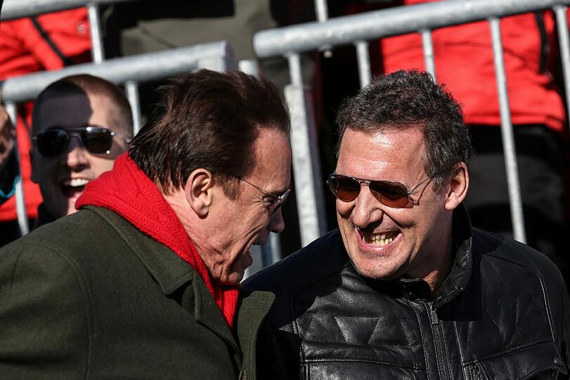 Arnold Schwarzenegger und Ralf Moeller beim 73. Hahnenkamm-Rennen