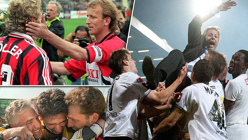 Abstiegskampf ist Emotion pur. Oben rechts: Nach Lauterns erstem Abstieg braucht Andreas Brehme eine Schulter zum Weinen und findet Rudi Völler. Unten rechts: Eintracht Frankfurt jubelt nach dem knappen Klassenerhalt 1999. Rechts Lucien Favre ist der Held. Nach einem Unentschieden im zweiten Relegationsspiel gegen Bochum hält Gladbach sensationell die Klasse. Abstiegskampf ist Emotion pur. Oben rechts: Nach Lauterns erstem Abstieg braucht Andreas Brehme eine Schulter zum Weinen und findet Rudi Völler. Unten rechts: Eintracht Frankfurt jubelt nach dem knappen Klassenerhalt 1999. Rechts Lucien Favre ist der Held. Nach einem Unentschieden im zweiten Relegationsspiel gegen Bochum hält Gladbach sensationell die Klasse.