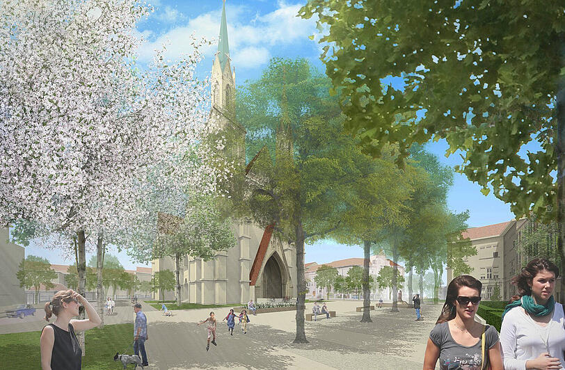 Der Sankt-Pauls-Platz an der Theresienwiese: Vor dem Haupteingang der Pfarrkirche soll eine kleine Fußgängerzone entstehen.