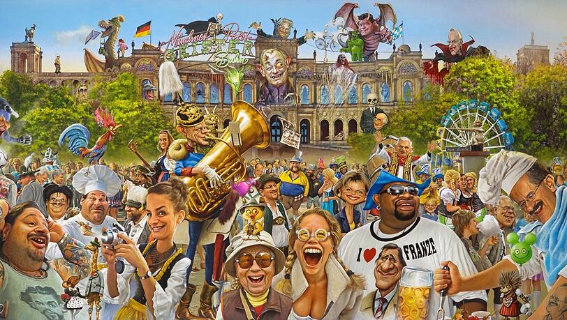 Ein großes Wimmelbild mit vielen bekannten Gesichtern und Anspielungen - gemalt von Bernhard Prinz. Es hängt im Deutschen Theater. Ein großes Wimmelbild mit vielen bekannten Gesichtern und Anspielungen - gemalt von Bernhard Prinz. Es hängt im Deutschen Theater.