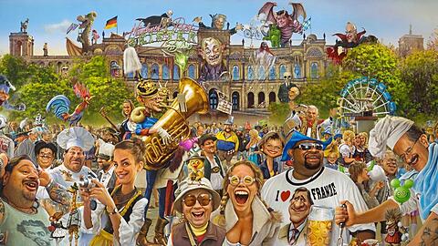 Ein gro&szlig;es Wimmelbild mit vielen bekannten Gesichtern und Anspielungen - gemalt von Bernhard Prinz. Es h&auml;ngt im Deutschen Theater.