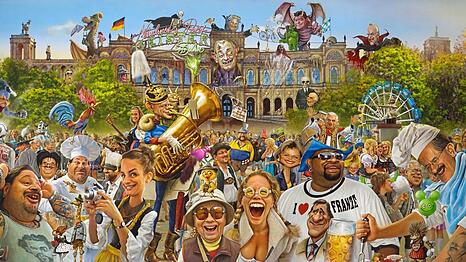 Ein gro&szlig;es Wimmelbild mit vielen bekannten Gesichtern und Anspielungen - gemalt von Bernhard Prinz. Es h&auml;ngt im Deutschen Theater.