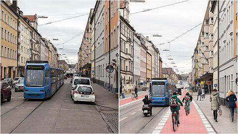 Mit Radlweg und ohne Parkplätze: So stellen sich die Grünen die Zukunft der Fraunhoferstraße vor (r.). Zum Vergleich: Im linken Bild der Ist-Zustand.