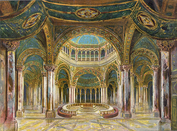 "Parsifal", 1. Aufzug 1882, Saal der Gralsburg (Gralstempel), Entwurf von Max und Gotthold Brückner nach Vorlagen von Paul von Joukowsky.