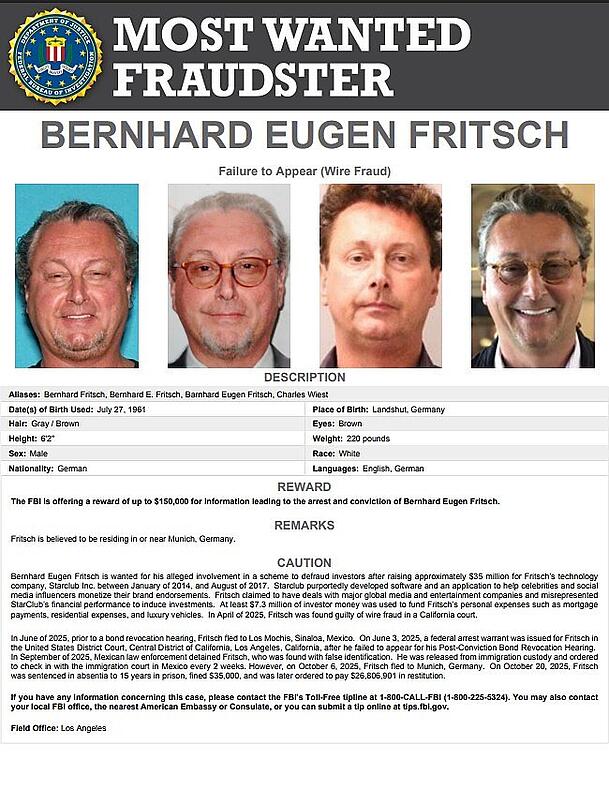 Mit diesem Plakat fahndet das FBI nach dem gebürtigen Landshuter Bernhard Eugen Fritsch. Mit diesem Plakat fahndet das FBI nach dem gebürtigen Landshuter Bernhard Eugen Fritsch.