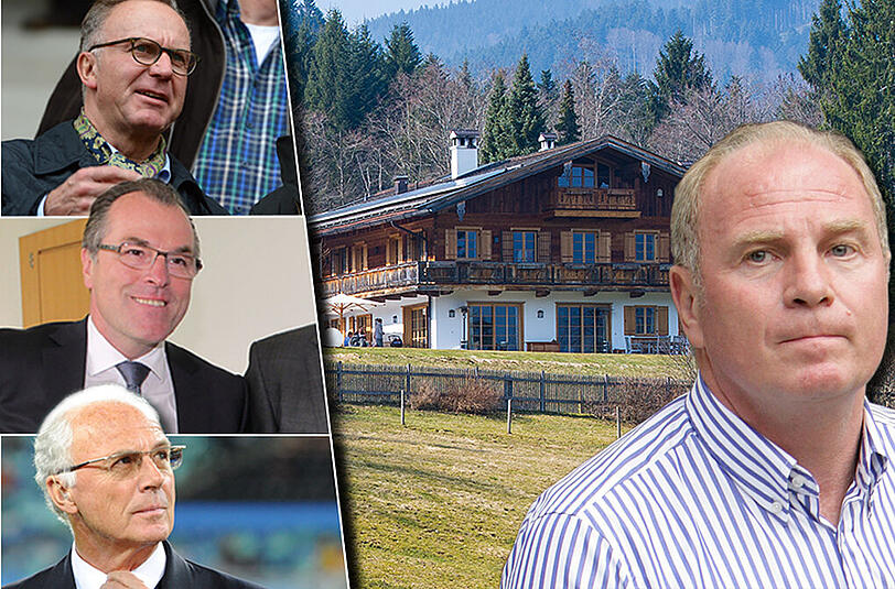 Uli Hoeneß bekam bei seinem zweiten Freigang hohen Besuch von Karl-Heinz Rummenigge (o.), Clemens Tönnies (m.) und Franz Beckenbauer.
