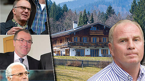 Uli Hoeneß bekam bei seinem zweiten Freigang hohen Besuch von Karl-Heinz Rummenigge (o.), Clemens Tönnies (m.) und Franz Beckenbauer.