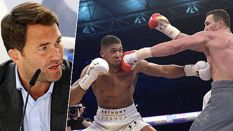 Wird es zu einem Rückkampf zwischen Wladimir Klitschko (r.) und Anthony Joshua (m.) kommen? Box-Promoter Eddie Hearn (l.) nannte sogar schon einen möglichen Termin.