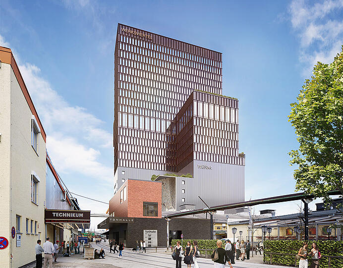 Auf dem frühern Siloturm entsteht der neue Hotelbau. Insgesamt ist das Gebäude dann fast 90 Meter hoch.