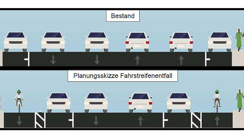 Elisenstraße: Hier wird's eng für Autofahrer. Aus vier Spuren werden zwei. Alternativ bleiben drei Spuren, dann fällt aber ein Parkstreifen weg. Elisenstraße: Hier wird's eng für Autofahrer. Aus vier Spuren werden zwei. Alternativ bleiben drei Spuren, dann fällt aber ein Parkstreifen weg.