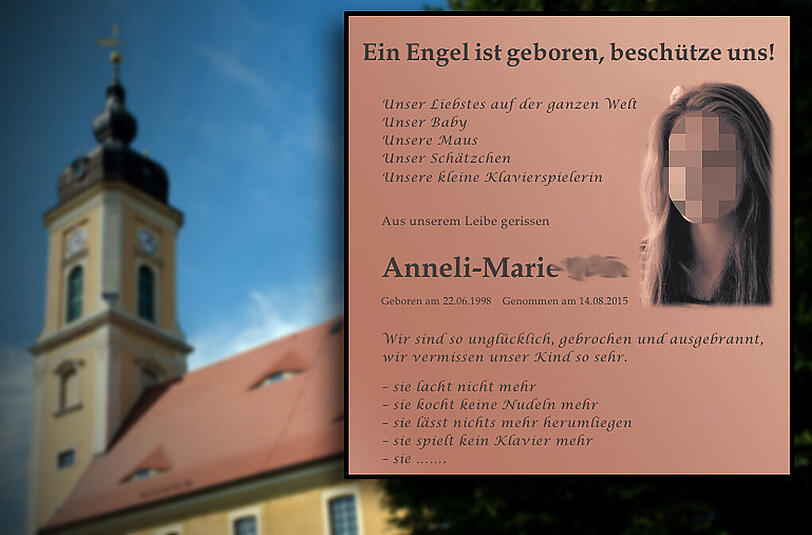 Die Traueranzeige für Anneli-Marie (? 17) erschien am Wochenende in der Sächsischen Zeitung. Die Trauerfeier findet in der Evangelisch-Lutherischen Kirchen in Sora (Hintergrund) statt.