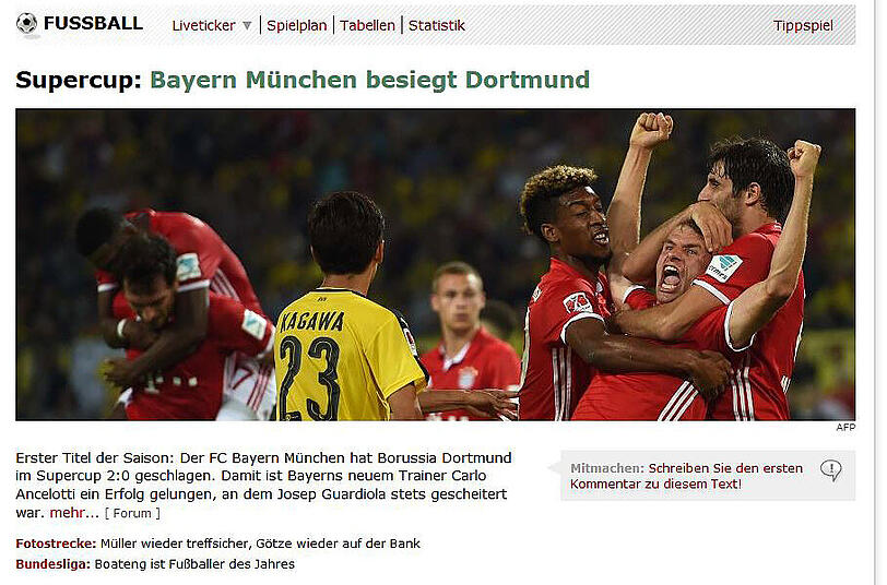Ähnlich schnörkellos titelt man bei "Spiegel Online" nach dem Sieg des FC Bayern gegen den BVB im Supercup.