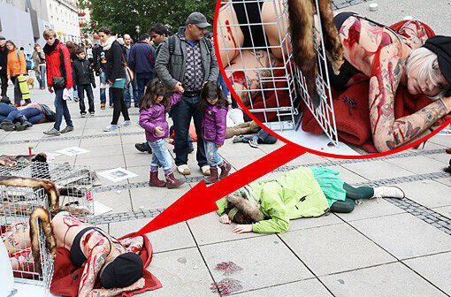 Junge und alte Passanten liefen am Samstag durch den Flashmob der Anti-Pelz-Aktivisten hindurch. Die krassesten Aufnahmen in der AZ-Bilderstrecke.