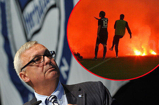 Stellte sich im Verlauf der Mitgliederversammlung zur Wiederwahl: der umstrittene Hertha-Präsident Präsident Werner Gegenbauer. Bengalos statt Fußball: die Hertha-Profis beim zweiten Relegationsspiel in Düsseldorf.
