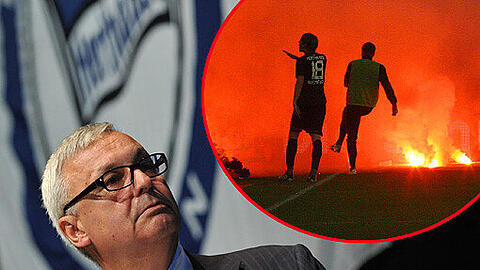 Stellte sich im Verlauf der Mitgliederversammlung zur Wiederwahl: der umstrittene Hertha-Präsident Präsident Werner Gegenbauer. Bengalos statt Fußball: die Hertha-Profis beim zweiten Relegationsspiel in Düsseldorf.