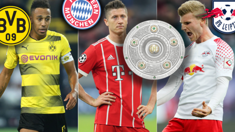 Der Dreikampf um die Meisterschaft: Torjäger Pierre-Emerick Aubameyang vom BVB (li.), Bayerns Robert Lewandowski und Leipzig-Stürmer Timo Werner.