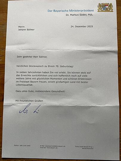 Das Gl&uuml;ckwunsch-Schreiben, das S&ouml;llner bei Facebook ver&ouml;ffentlicht hat.